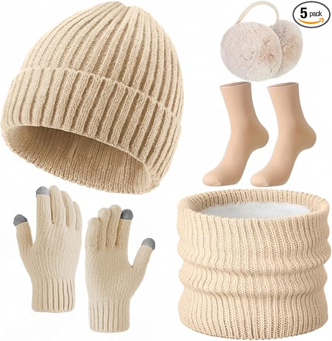 SATINIOR 5 Pcs Winter Beanie Hat Scarf Gloves Set Fleece Lined Knit Hat Warm Touch Screen Gloves Earmuff Warmer for Women(Beige,Fashion Non-fleece Lining)