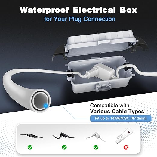 FLEMOON IP55 Outdoor Electrical Box Waterproof with Detachable Awning Covers, 8.3 x 4.1 x 3.7 inch Weatherproof Extension Cord Cover, Easy Installation for Plug, Outlet, String Lights, Light Gray