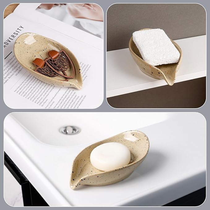 Soap Holder, Self Draining Soap Dish, Leaf Shape Bar Soap Holder Ceramic Drain Soap Dishes for Bathroom Sink Shower Kitchen, Easy to Clean Keeps Soap Dry, ANTIS'S HOME