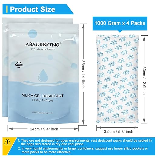 Large Desiccant Packs, 1000 Gram 4 Packs Silica Gel Packets for Moisture Control, Silica Gel Car Dehumidifier by Reusable, Large Moisture Absorbers for Electric Tool, Basement, 3D Filaments and Safes