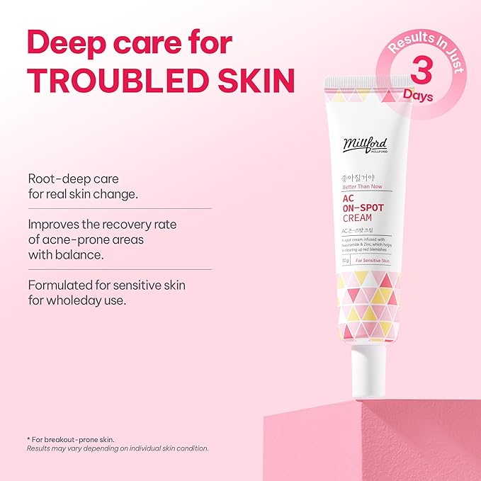 AC On-Spot Cream 30g/1.05 Oz, Zinc Oxide 10%, Niacinamide 2% for Active Skin Repair, Acne Spot Treatment for Face, Blemish Care, Dark Spot, Korean Skincare for Sensitive & Acne-Prone Skin
