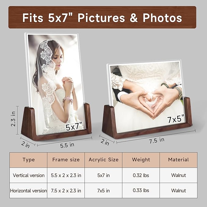5x7 picture frames, Solid Rustic Wooden Photo Frames with Walnut Wood Base and High Definition Acrylic Glass Covers - 4 Pack for Tabletop or Desktop Display (5x7 inch, 4 Pack)