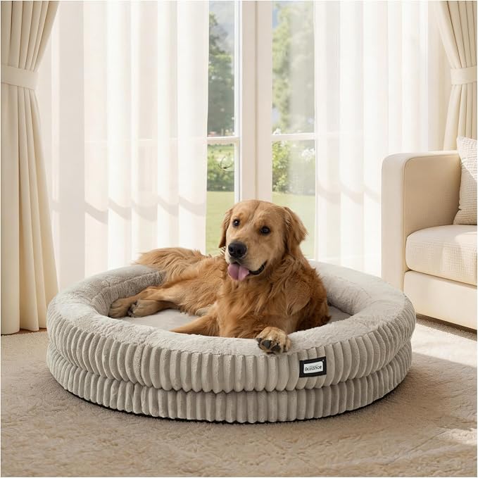 BALANCE Donut Dog Bed, 43 Inches Round Dog Bed Extra Large Size Dogs Washable, Orthopedic Calming Dogs Beds for Kitten, Fluffy Plush Faux Fur Pet Bed with Anti-Slip Bottom
