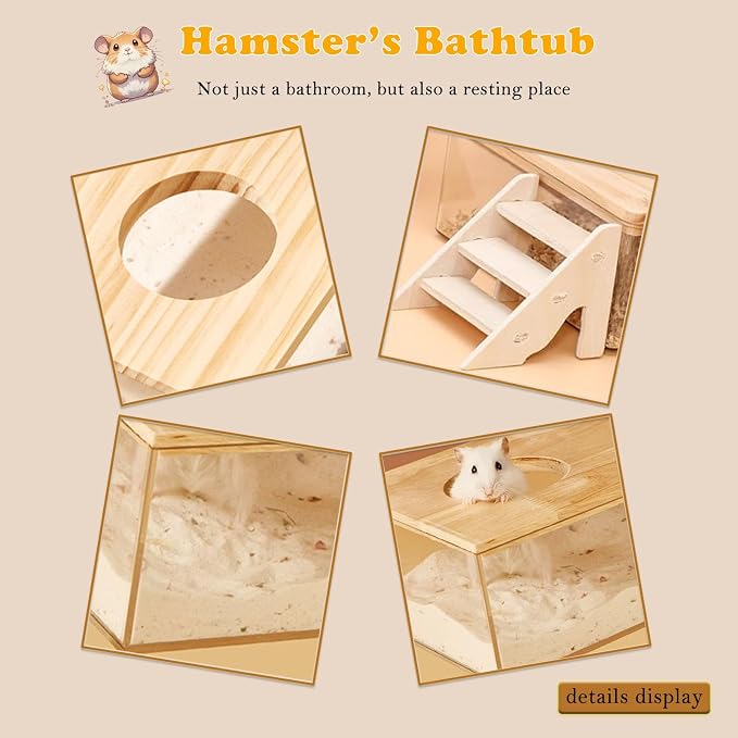 Transparent Hamster Sand Bath Box with Ladder Multi-Functional Dust Bath, Hideout & Digging Box for Hamsters, Chinchillas & Small Pets Easy-Clean Acrylic Habitat Accessory