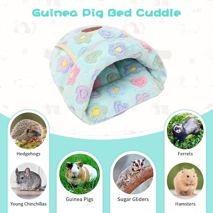 YUEPET Guinea Pig Bed, Warm Fleece Cuddle Cave, Green Flower | Cozy Guinea Pig House, Portable Guinea Pig Hideout, Soft Coral Fleece, Washable Cushion, Slipper Shape