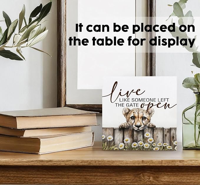 Nursery Cheetah Wooden Box Sign, Cute Live Like Someone Left the Gate Open Wooden Signs for Home Decor,Funny Animal Kitchen Bedroom Decor,Cheetah Gifts for Kids Boys Girls, 6x6