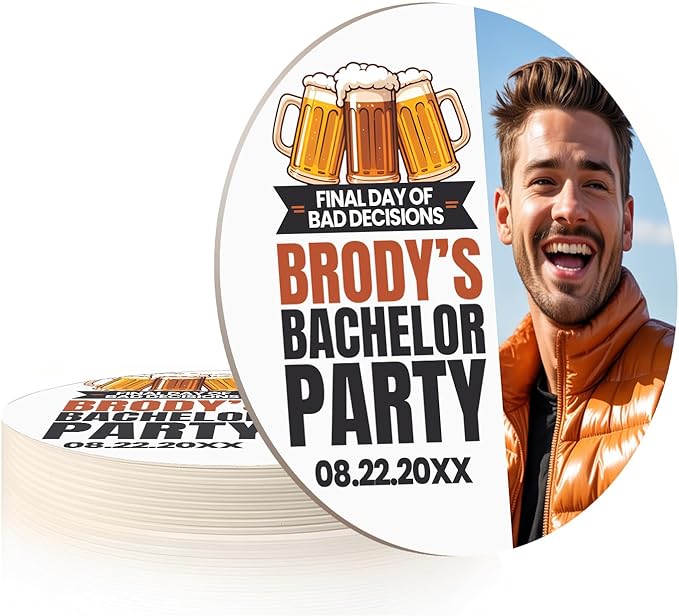 10 Pack Personalized Bachelor Party Coasters, Custom Cardboard Drink Coasters with Photo Print and Text, Fun Bachelor Party Favors and Gifts, 3.95" Round, Design 2