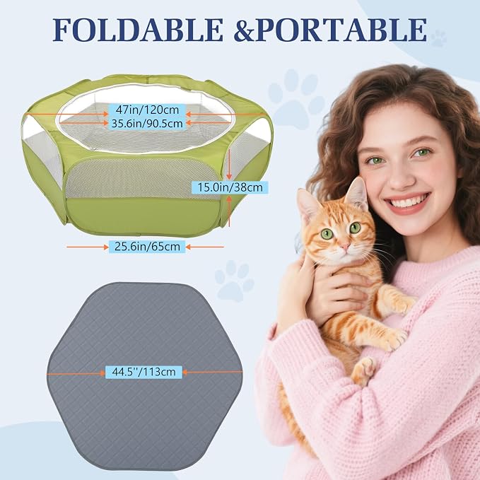 Pawaboo 2-in-1 Small Animals Playpen with Pad, Green+Gray | Waterproof, Reusable Pad, Portable Outdoor Yard Fence with 3 Metal Rod, For Chick/Kitten/Guinea Pig/Rabbits/Chinchillas