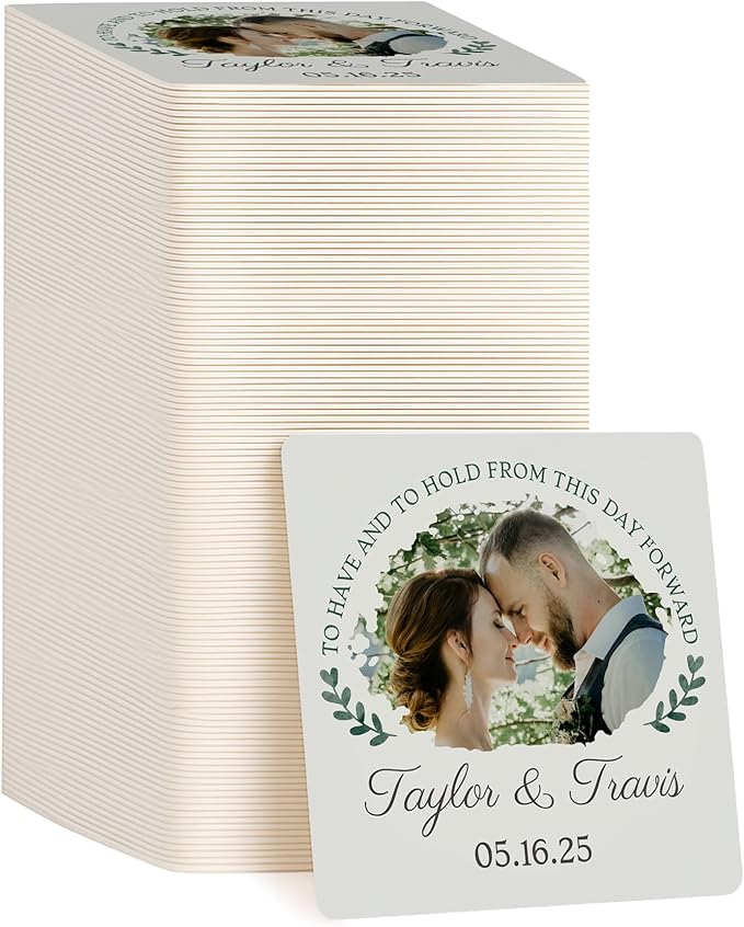 100 Pack Personalized Wedding Coasters, Custom Cardboard Coasters for Drinks with Photo Print and Text, Keepsake Wedding Favors and Gifts for Couples, 4x4 Square, Design 4