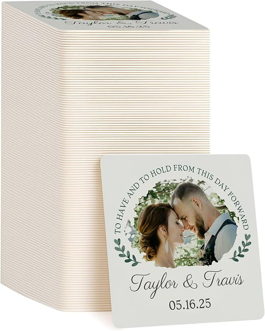 100 Pack Personalized Wedding Coasters, Custom Cardboard Coasters for Drinks with Photo Print and Text, Keepsake Wedding Favors and Gifts for Couples, 4x4 Square, Design 4