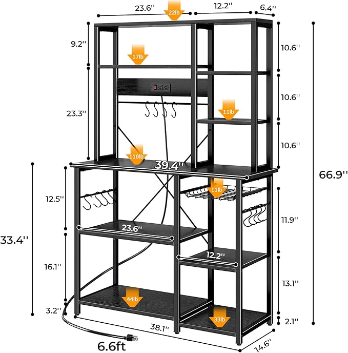 SUPERJARE Large Bakers Rack with Power Outlets, 6-Tier Microwave Stand, Coffee Bar with 12 S-Shaped Hooks, Kitchen Shelf with Wire Basket, 39.4 x 14.6 x 66.9 Inches, Black