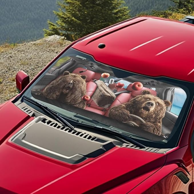 Funny Bears Windshield Sun Shade Foldable Universal Front Windshield Sun Shade with Storage Pouch Reflective Sun Blocker Fit for Most Car Van SUV Truck Car Accessories for Summer