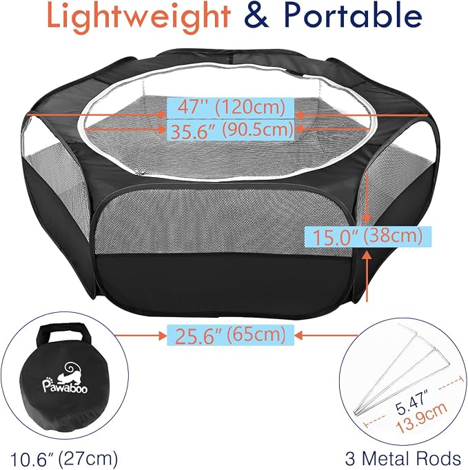 Pawaboo Small Animal Playpen with Zippered Cover, Black | Portable pop-up pet tent for supervised rabbits, guinea pigs, chicks and kittens; water-resistant bottom and 3 metal rods