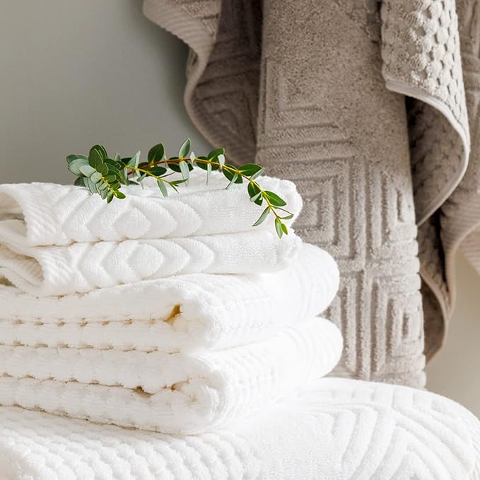 Texere 100% Organic Cotton Diamond Jacquard Luxury Bath Towel Sets - Soft and Absorbent Hotel and Spa Quality - 2 Large Bath Towels, 2 Hand Towels, 2 Washcloths (Diamond, Cream, 6 Piece)