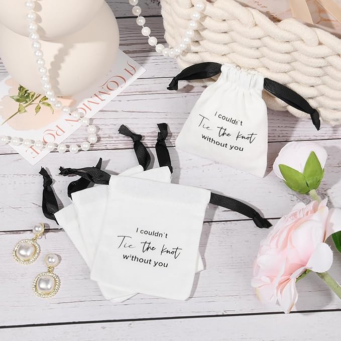 CEELGON 8 Pcs Drawstring Jewelry Pouch Bridesmaid Gift Bags Linen Cotton Fabric Wedding Bridal Party Favor Bags Bachelorette Tie The Knot Earring Packaging Proposal Gift (White)