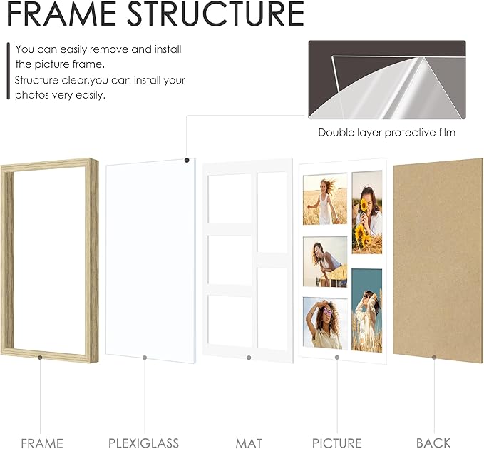 11x14 Collage Picture Frame 4x6 Collage Picture Frame Displays Five 4x6 inch Photos or 11x14 (Without Mat) Wall Decor Wall Hanging or Tabletop Wood Color