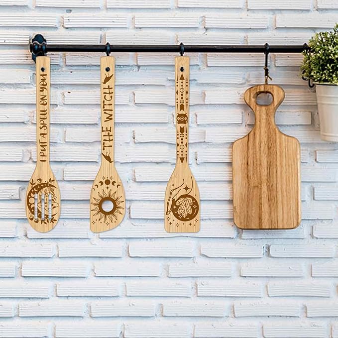 GLOBLELAND 6Pcs Magic Divination Bamboo Cooking Utensils Wooden Engraved Cooking Spoons Set Carving Kitchen Bamboo Spatula Set for Women and Men Wood Cooking Spoon for Kitchen Fun House Warming Gift