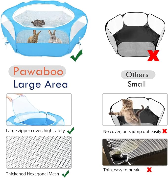 Pawaboo Small Animal Playpen with Zippered Cover,Light Blue | Portable pop-up pet tent for supervised rabbits, guinea pigs, chicks and kittens; water-resistant bottom and 3 metal rods