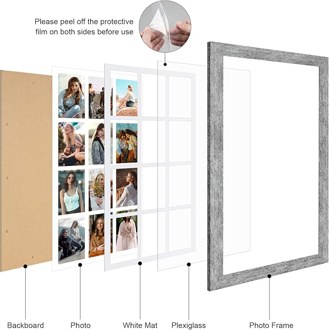 13x25 Picture Frame Display 12 opening 4X6 Picture Frame Collage,Multi Photo Frame with Mat,Plexiglass,Wall Mount Decor,Grey Wood Grain