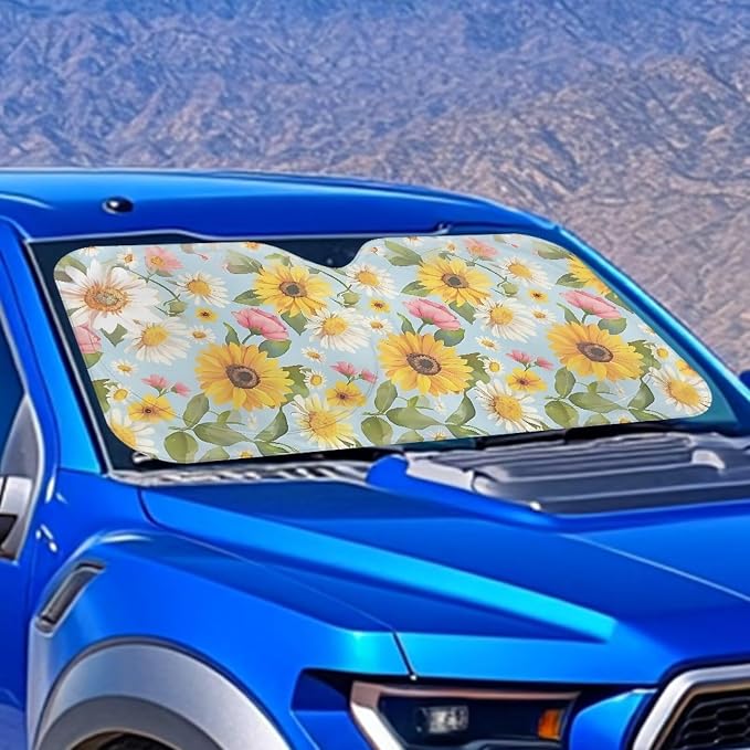 Sunflower Daisy Car Sun Shade Blocks UV Rays Lightweight Front Windshield Sun Visor Protector Fashion Car Accessories for Most Car SUV Trucks