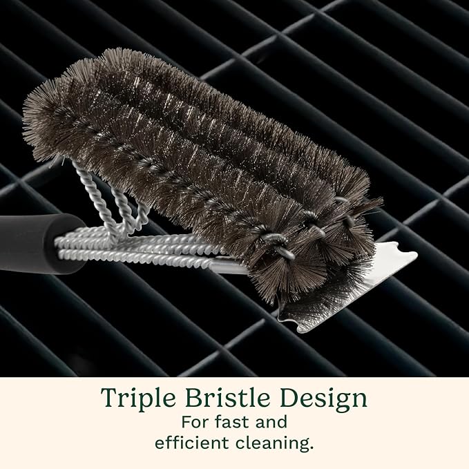 Cuisinart Triple Bristle Brush with Scraper, 17” Triple Row Stainless Steel Grill Brush for All Grates Quick Grill Cleaning, Comfortable Grip Grill Cleaner Perfect for BBQs, Cookouts & Tailgates