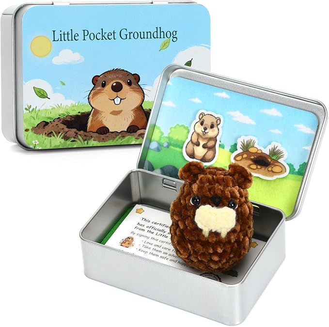 Little Pocket Groundhog Cute Collectible Gift Groundhog Day Decor | Cute mini groundhog in a pocket tin, a collectible desk gift inspired by Groundhog Day for friends and coworkers