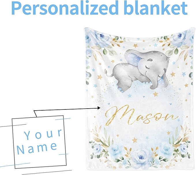 Personalized Elephant Blanket with Name for Boy, Custom Name Blanket for Kids, Soft Flannel Blue Elephant Toddler Blanket Customized Gift for Birthday Christmas Children Day 40x50inch