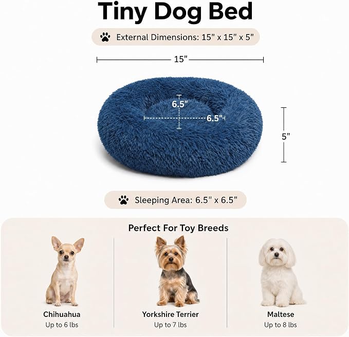 Tiny Dog Bed for Extra Small Dogs for Chihuahua Pomeranian Toy Poodle | 15 Inch Washable Puppy Bed,Soft Faux Fur Calming Donut Bed,Navy blue