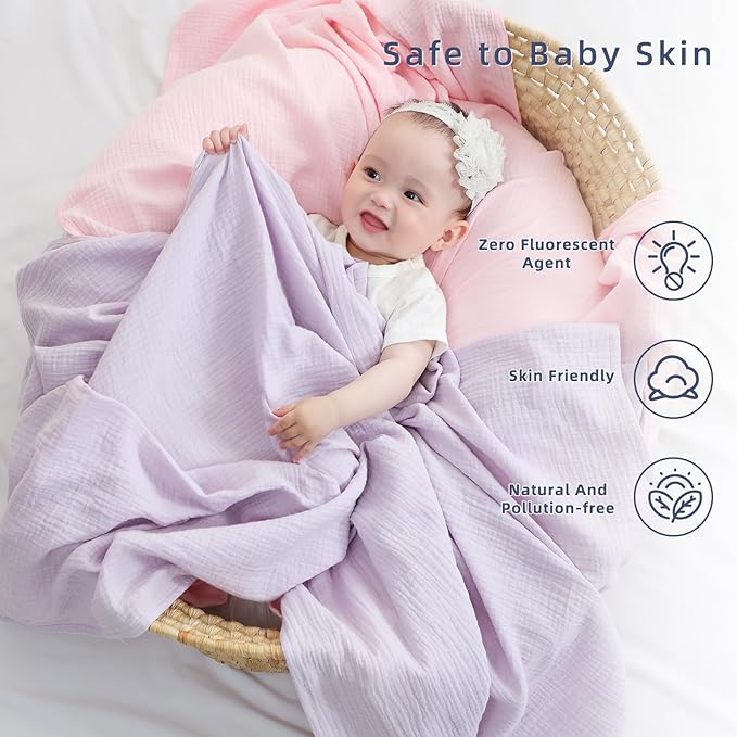 DaysU Muslin Baby Swaddle Blanket, Cotton Swaddling Blankets for Baby Boy and Girl, Nursery Skin-Friendly Baby Receiving Blanket for Newborns, Breathable Swaddle Wrap 2 Pack, 47”x47”-Pink+Lilac