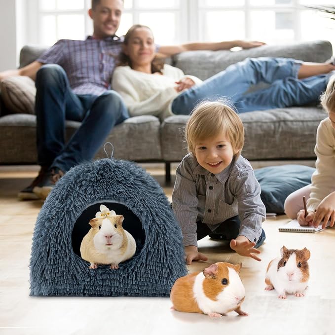 YUEPET Bunny Hideout,Warm Guinea Pig Bed, Dark Grey | Thick Ferret Bed, Washable Long Plush Fabric, Semi-Closed Design, Non-Slip Base, for Small Pets, Indoor Use