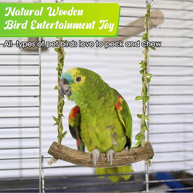 Natural Wood Bird Swing Perch with Decorative Leaves - 7.1" Durable Bird Stand Platform Toy for Cage, Hanging Budgie Parakeet Hammock Accessories for Lovebirds, Cockatiels, Conures, Finches