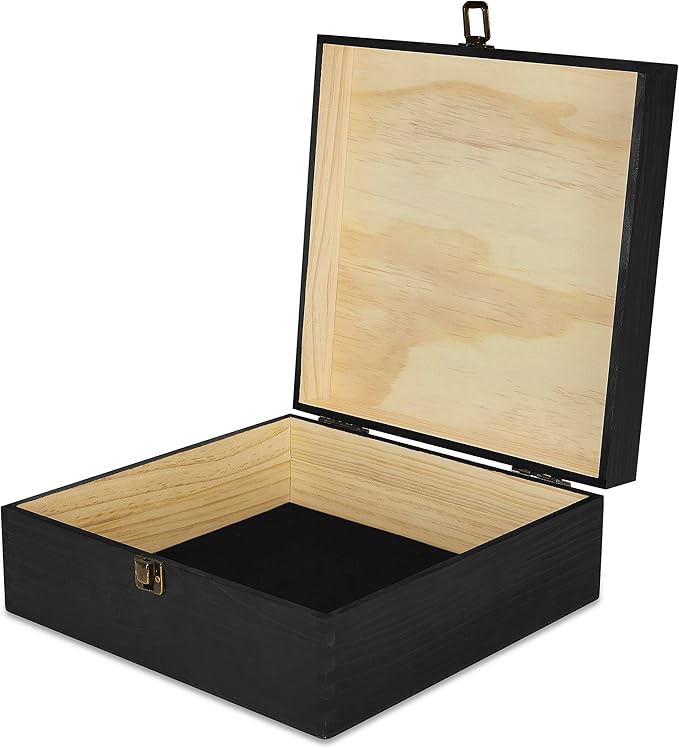 makerflo Large Black Pine Wood Memory Box with Black Felt Inside, Hinged with Clasp, Keepsake Wooden Box Ideal for Craft and Personalization (Laser Engraving, Epoxy, UV DTF, and Vinyl) – Pack of 1