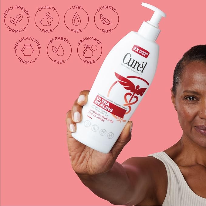 Curel Ultra Healing Lotion for Sensitive and Dry Skin, Hand and Body Lotion Repairs Moisture Barrier, Ceramide Moisturizer, Fragrance-Free, Dermatologist Recommended, Travel Size, 6 Oz (Pack of 3)