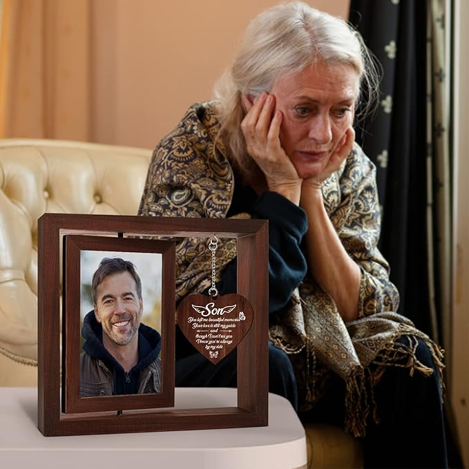 Vetbuosa Memorial Gifts for Loss of Son,Rotating Wooden Picture Frame, Sympathy Gift Keepsake, Healing Grief Gift for Loss of Son, Remembrance for Funerals, Memorial Ceremonies, Fits 4x6 In Photo