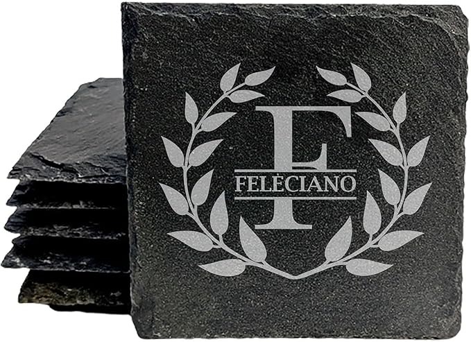 ustic Elegance: Personalized Slate Coasters with Wreath Design - Square Slate - Set of 6