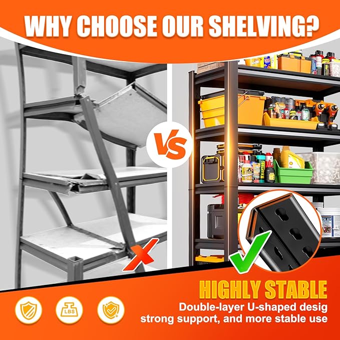 71.2" H Garage Shelving Heavy Duty Storage Shelves, Metal Adjustable Shelving Unit, Utility Garage Organizer Shelf for Basement, Pantry, Kitchen, Warehouse,11.8" Dx27.5 Wx71.2 H Black