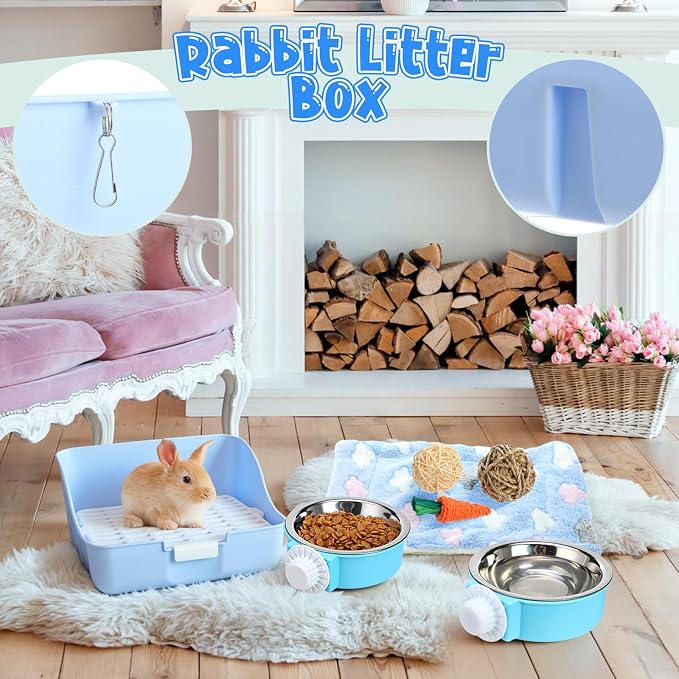 Reallnaive 15 Pcs Rabbit Starter Kit Small Rabbit Litter Box Girls Gift Animal Grooming Kit Bunny Toys Bowl Blankets with Cleaning Set for Guinea Pig Accessories(Candy Blue)