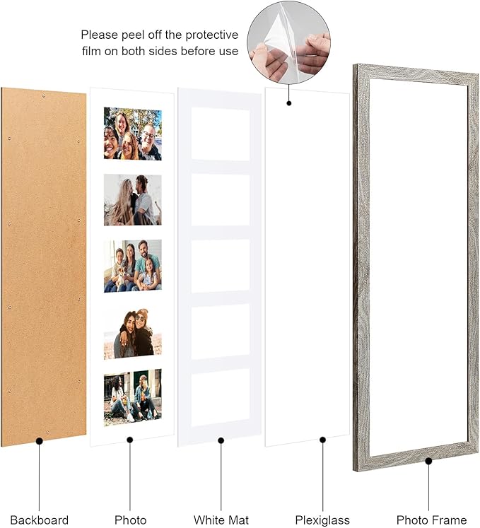 8x24 Collage frame with 5 Openings 4X6 Pictures, Multiple Picture Frame with Mat, Wall or Tabletop Decor, Grey Wood Grain,2 Pack