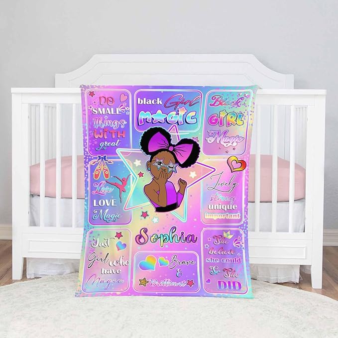 D-Story Personalized Throw Blankets, Custom Blankets with Name American African Girl Blanket Customized Blankets for Kids Adults Women Men Personalized Gifts