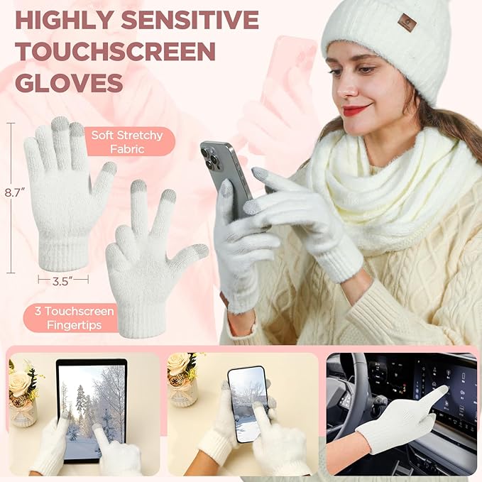Womens Beanie Hat Infinity Scarf Touchscreen Gloves Fleece Headband 4 in 1 Winter Clothes Set Gifts for Women