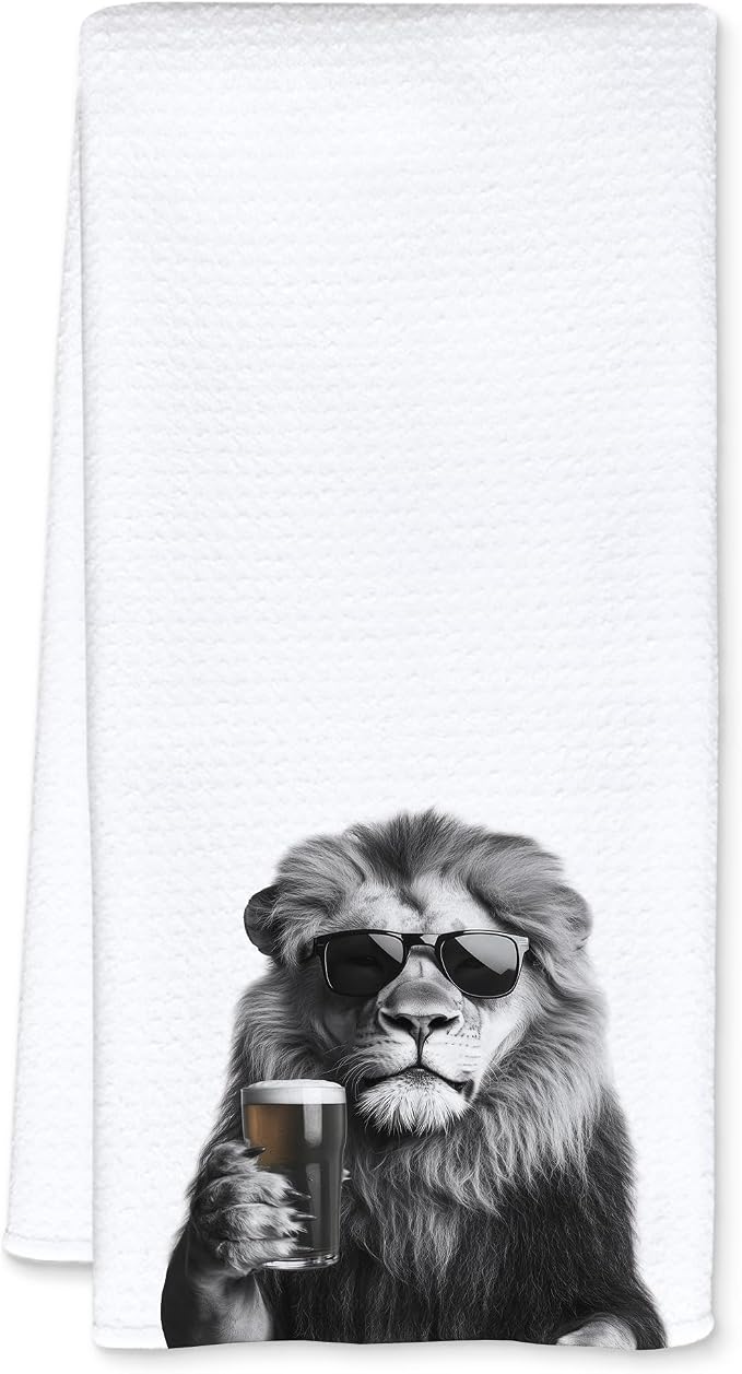 Funny Lion Beer Kitchen Towels, Lion Gifts Dish Tea Towels for Kitchen Decor, Bar Towel for Bartender Kitchen, Beer Lover Gift, 16x24 Inch