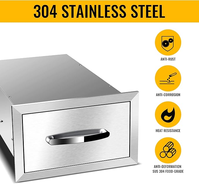 Outdoor Kitchen Drawers Stainless Steel 14W X 8.5H X 23D Inch, Flush Mount Single BBQ Island Drawers with Handle for Outdoor Kitchens, Patio or Grill Station