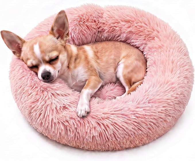 Tiny Dog Bed for Extra Small Dogs for Chihuahua Pomeranian Toy Poodle | 15 Inch Washable Puppy Bed,Soft Faux Fur Calming Donut Bed,Pink