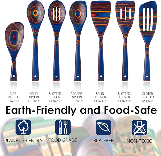 Pakkawood 7-Piece Wooden Cooking Utensil Set-Wood Kitchen Utensil Set, Wooden Spoons for Cooking, Nonstick Safe Non-Toxic Wooden Cooking Tools by HOWHONG (Spectrum Color)