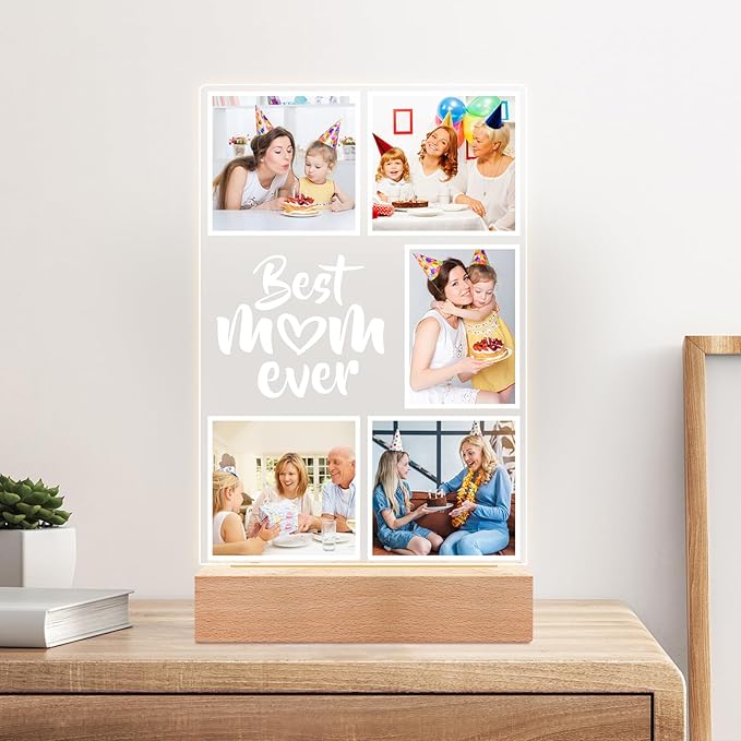 Custom Picture Frames with Photos, Personalized Photo Frame with Night Light, Custom Best Mom Ever Gifts, Personalized Birthday Gifts for Mom, Baby, Kid, Family