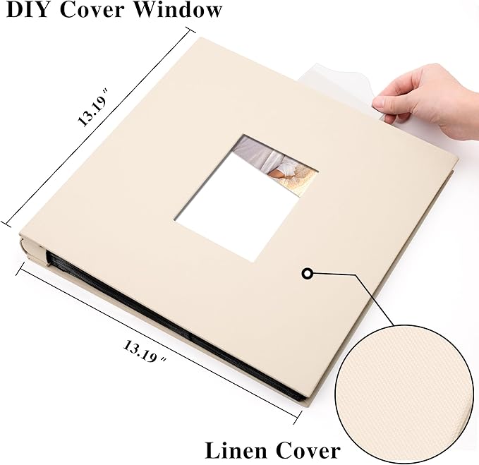 Photo Album Holds 600 Pockets with Linen Cover and Customizable Window, Fits 4x6 Photos, Archival Black Pages, Beige