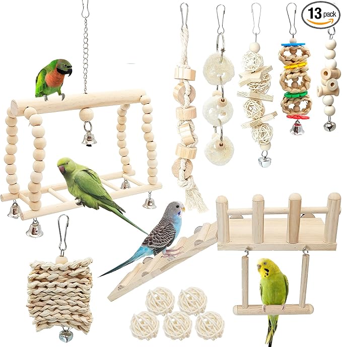 Hamiledyi 13Pcs Parrot Swing Chew Toys Bird Perches Platform with Climbing Ladder Hanging Cage Accessories for Parakeet, Conure, Finch, Lovebirds, Budgie, Canary Standing