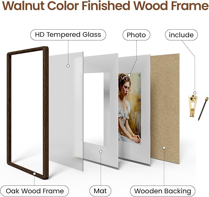 16x20 Picture Frame Natural Oak Wood From California-USA Walnut Color Finished with Real Tempered Glass, Handcrafted 16 x 20 Poster Frame Matted to 11x14 Photo,Certificate,Degree,Graduation Display