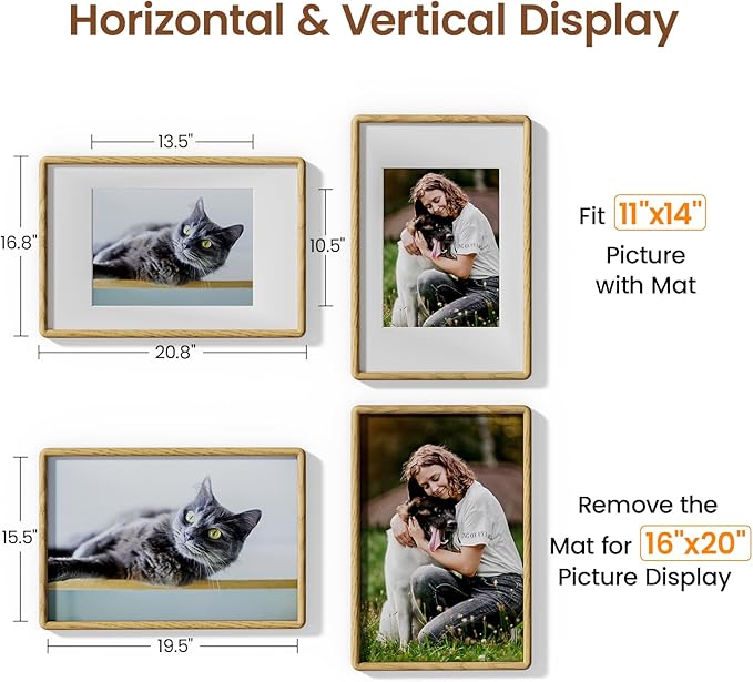 16x20 Picture Frame Natural Oak Wood From California-USA with Real Tempered Glass, Handcrafted 16 x 20 Poster Frame Matted to 11x14 Photo,Certificate,Degree,Graduation Picture Display Wall Decor