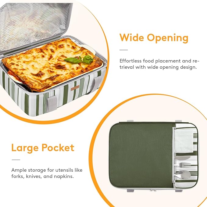 LUNCIA Insulated Single Decker Casserole Carrier, Lasagna Lugger Tote Keeps Food Hot or Cold, Thermal Lunch Bag for Potluck Parties, Picnic and Cookouts, Fits 9" x 13" Baking Dish, Dark Green